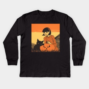 Halloween Brunette Girl in orange dress with black Cat and Pumpkin Kids Long Sleeve T-Shirt